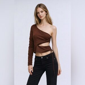 🤎 ZARA One-Shoulder Cinched Cut-Out Top. Size MED. Color Brown. Excellent Cond!